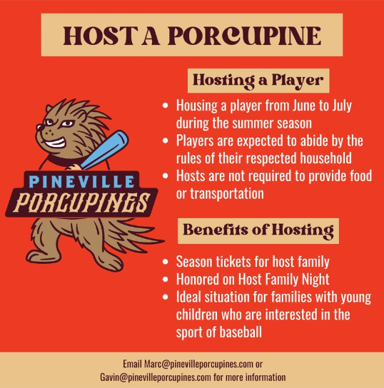Hey Pineville! Want to be a part of something special this season? The Porcupines are on the lookout for awesome host families! 
Join our Porcupine family and experience the excitement of game nights, exclusive events, and the joy of hosting our players.
pinevilleporcupines.com/host-a-player
