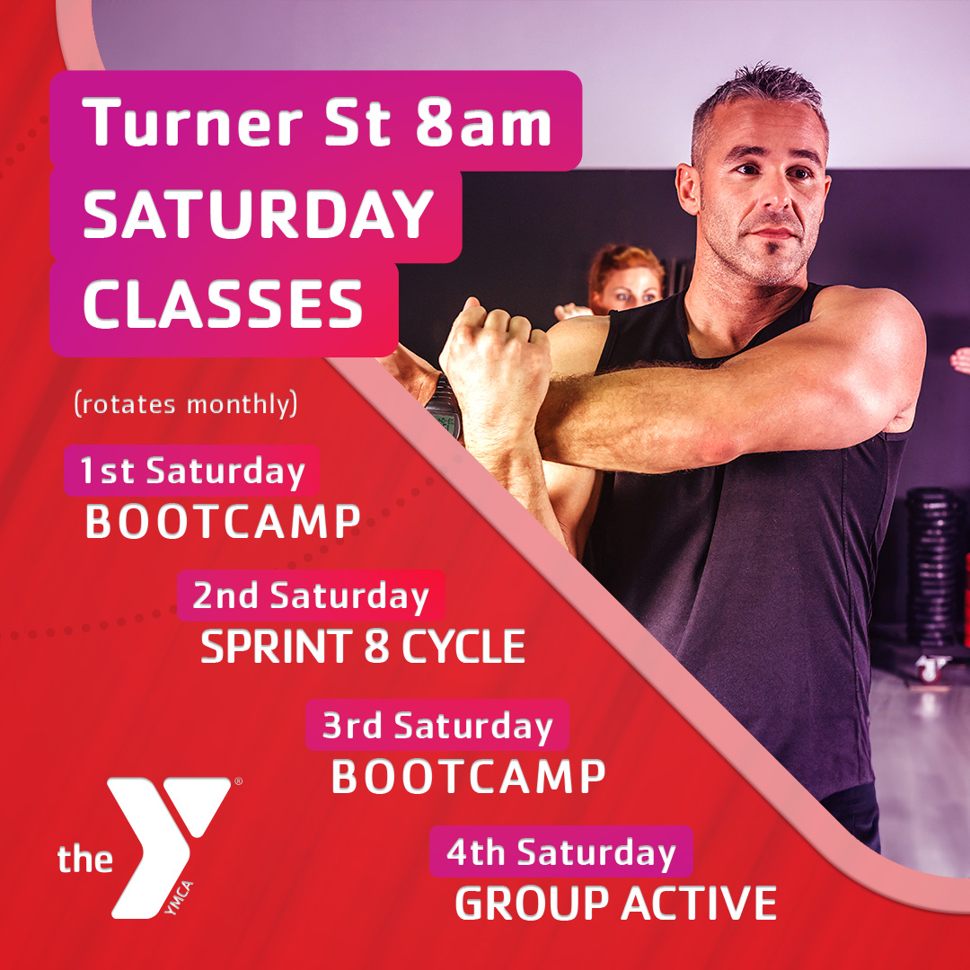 🕗 Saturday 8am group class schedule. Drop by 62 Turner Street in Auburn to participate - all fitness levels are welcome. We’re looking forward to seeing you! #auburnmaine #lewistonmaine #mainefitness #ymca