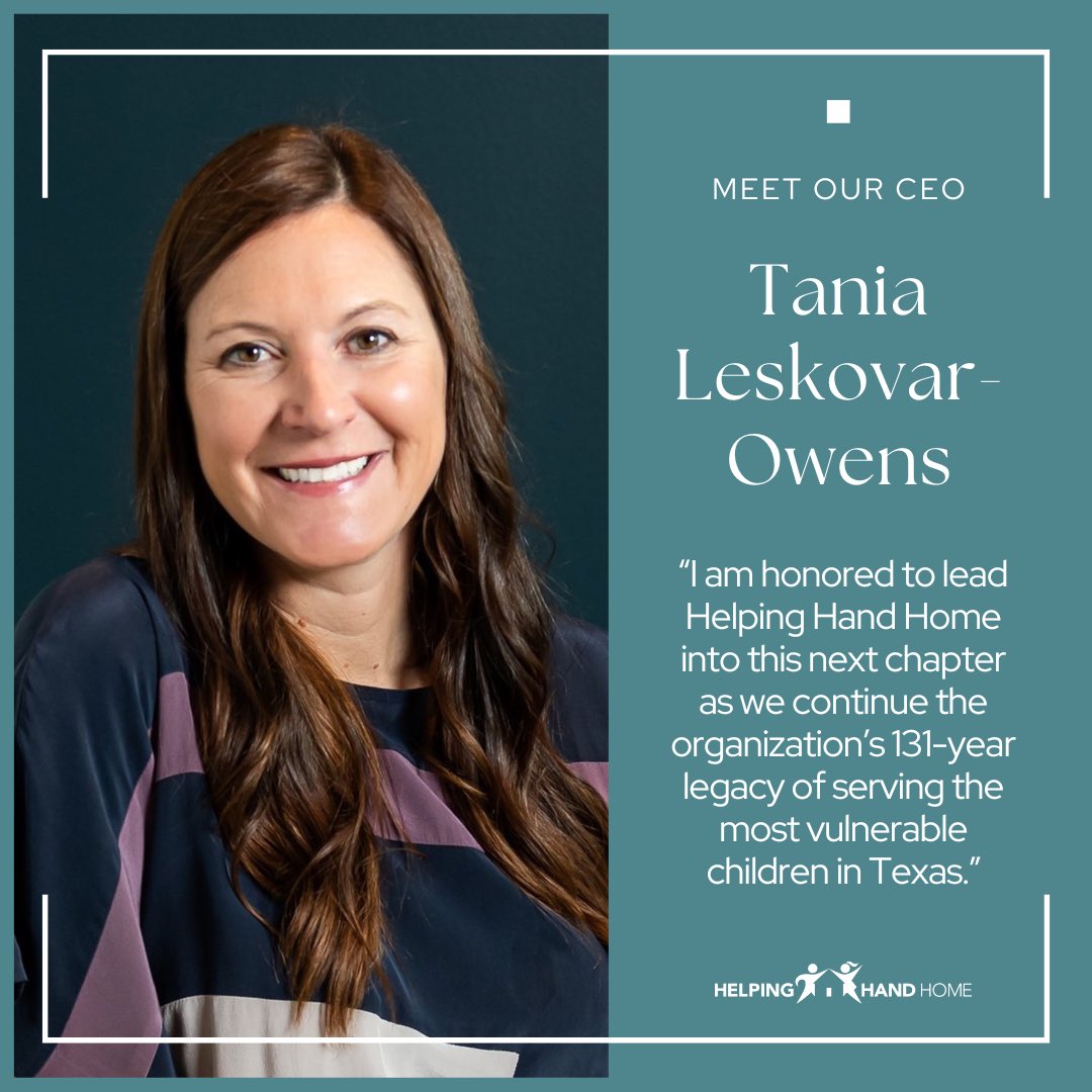 We are honored to announce the hiring of Tania Leskovar-Owens as the new Chief Executive Officer. Tania is a seasoned non-profit leader with over 16 years of experience and a passion to serve vulnerable children in Texas. 

To read more, please click here: helpinghandhome.org/announcing-hel…