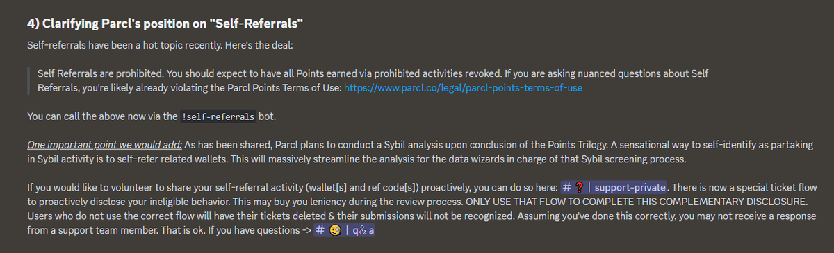 CC2Ventures's tweet photo. .@Parcl just released a very important update on their Discord that many might miss since it's not on CT

→ If you self-referred your wallets, it's probably best to report them via a ticket, otherwise you risk getting your points revoked if Parcl finds out

If you're honest and report yourself, you'll only lose your self-referred points

I have to admit, I'm guilty of that behavior too, but 'turned myself in' - felt like confessing to a priest lol

Can't risk losing my entire airdrop allocation for a 5% referral and 10% referred wallet bonus while $PARCL goes to a multibillion valuation with clear TradFi interest

They also mentioned that using multiple wallets is fine for security reasons, as long as it's not reaching extreme territory. Maybe around 3-4 to play it extra safe?