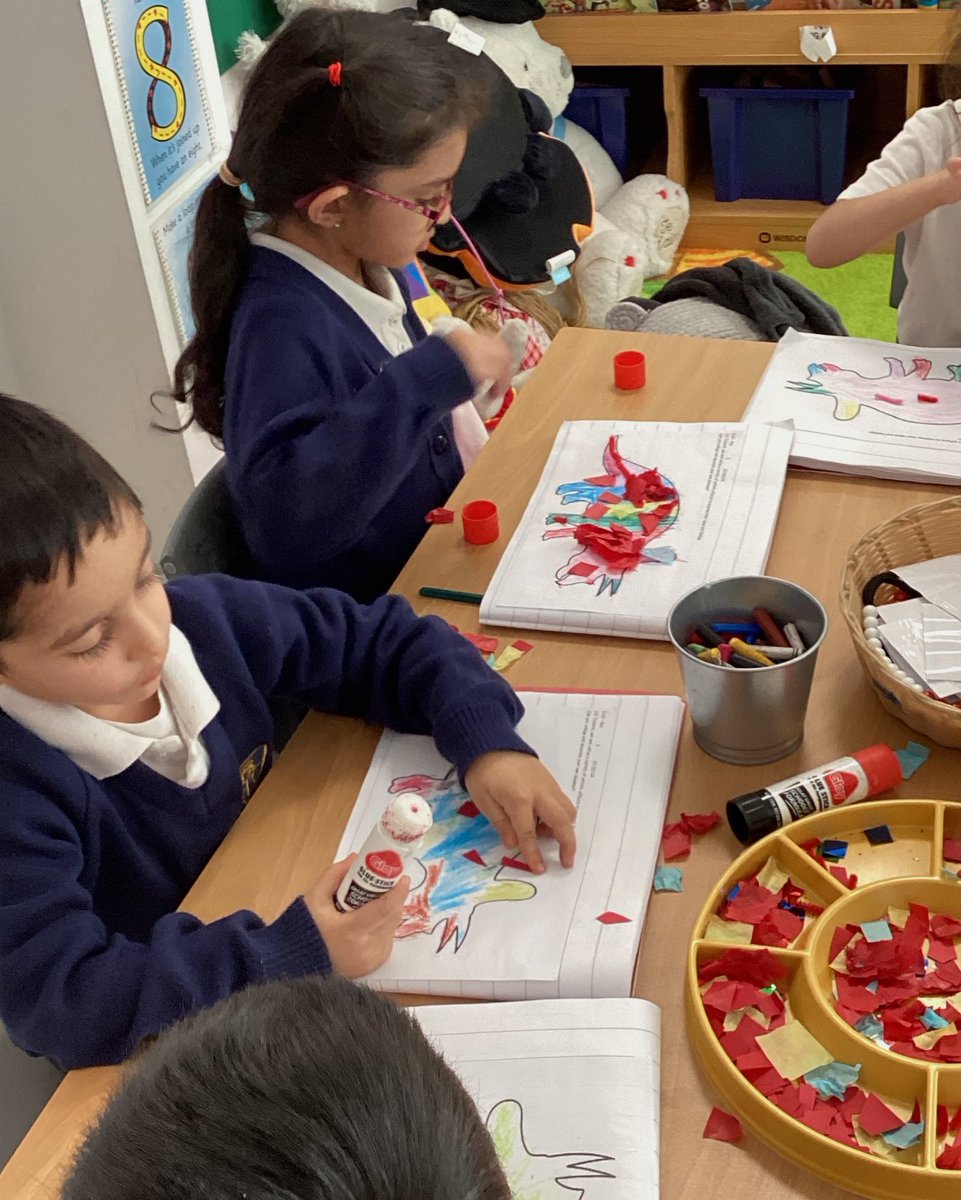 AFSPrimary's tweet image. Reception have learnt a new skill this week; collaging! Look how focused they were when creating some fabulous dinosaur pictures! Which colours would you use to collaging a dinosaur? Why don’t you have a go at home and tweet us back! #afsprimary #expressiveartsanddesign