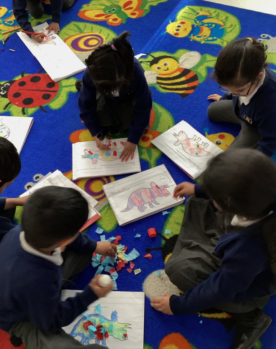 AFSPrimary's tweet image. Reception have learnt a new skill this week; collaging! Look how focused they were when creating some fabulous dinosaur pictures! Which colours would you use to collaging a dinosaur? Why don’t you have a go at home and tweet us back! #afsprimary #expressiveartsanddesign