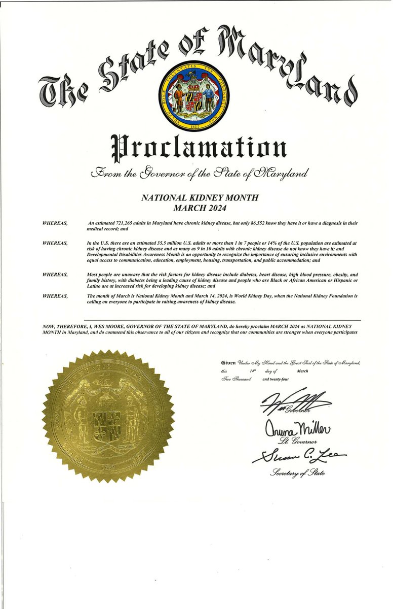 NKF Serving Maryland and Delaware (@nkfmdde) on Twitter photo We are excited to announce that the state of Maryland has officially proclaimed March as National Kidney Month! Thank you to <a href="/GovWesMoore/">Governor Wes Moore</a>, <a href="/LtGovMiller/">Lt. Governor Aruna Miller</a>, and their team for working with NKF and our counterparts to help raise awareness about CKD in the state of MD. We are excited to announce that the state of Maryland has officially proclaimed March as National Kidney Month! Thank you to <a href="/GovWesMoore/">Governor Wes Moore</a>, <a href="/LtGovMiller/">Lt. Governor Aruna Miller</a>, and their team for working with NKF and our counterparts to help raise awareness about CKD in the state of MD.
