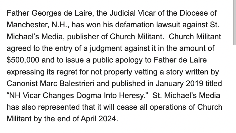 I should have checked my email an hour ago! Some of you have already heard this. But St. Michael's Media (Church Militant) will end it operations in April