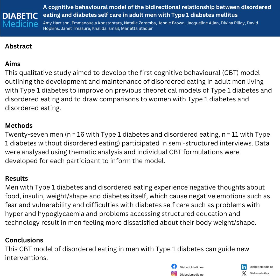 A cognitive behavioural model of the bidirectional relationship between disordered eating and diabetes self care in adult men with Type 1 diabetes mellitus by Amy Harrison et al. 

🔗doi.org/10.1111/dme.15…

#type1diabetes #t1diabetes #cbt #eatingdisorder #diabetesresearch