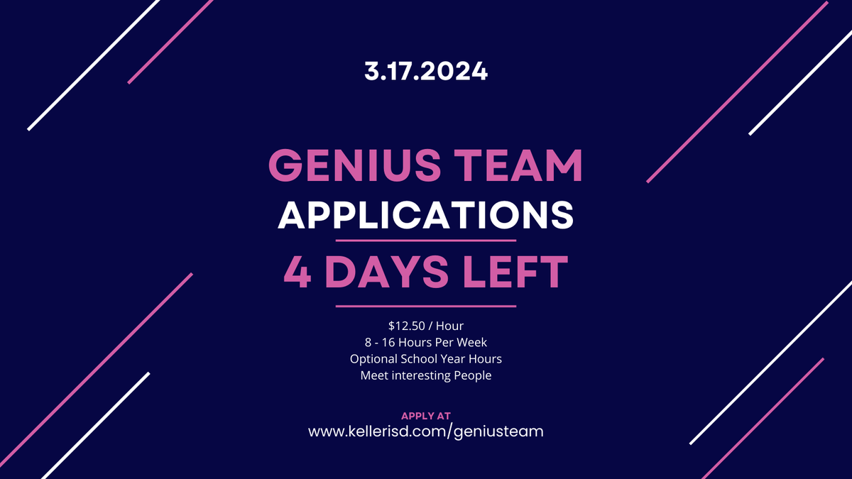 KISDGeniusTeam's tweet photo. Hey KISD high school students - there are only 4️⃣ more days until Genius Team Applications are DUE - turn yours in TODAY!! #EdTechKISD https://t.co/EDgtDiMwLH