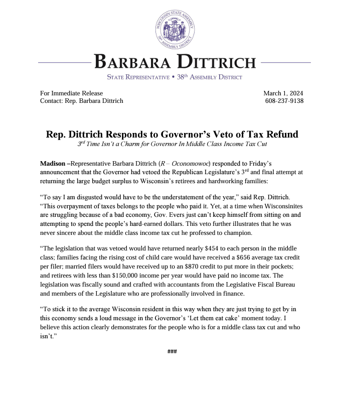 THREE TIMES the Republican Legislature has attempted to return YOUR money to you. I guess the governor really showed us today who truthfully wants to give the middle class the tax cut that they were promised and deserve! Read my full statement at legis.wisconsin.gov/assembly/38/Di…