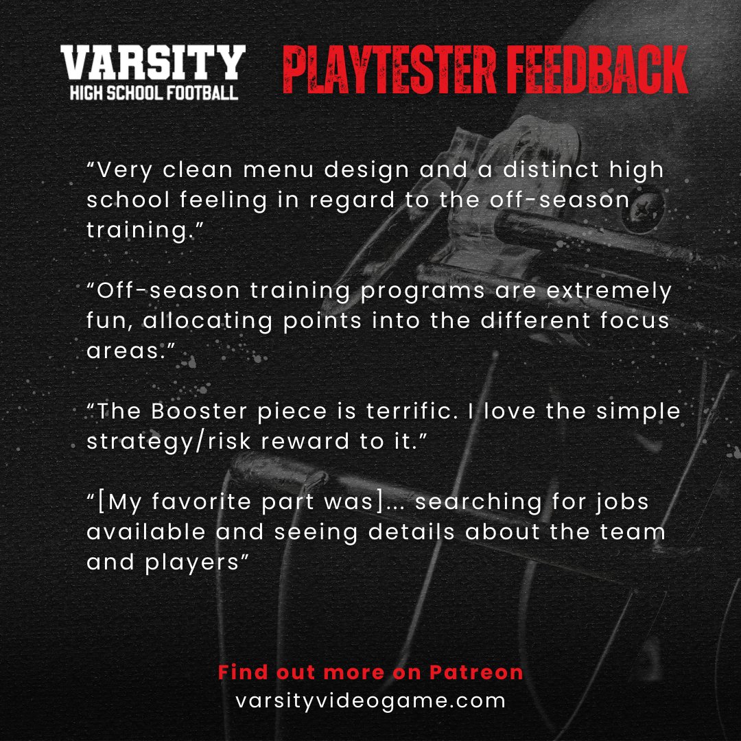 🚨Latest Development Update! 🚨

Here is what we have been up to in February! (Hint: PlayTest Launched!)

If you'd like to support us further and be eligible for a future PlayTest, you can join our Patreon at patreon.com/varsityvideoga…  

 #Varsity #HSFootballVideoGame