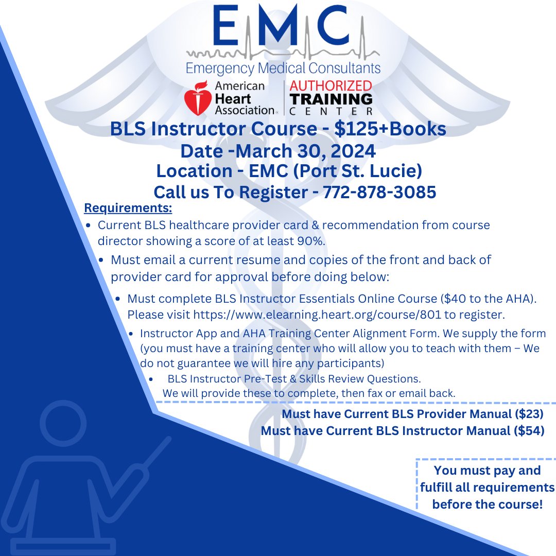 emc_medical's tweet image. You must be a medical professional who is skilled in BLS and must complete the pre-course requirements outlined on the flier. emcmedicaltraining.com/instructor-cou…
If you are interested in registering, please call our office at 772-878-3085
#EMC #MedicalTraining #BLSInstructor #TreasureCoast