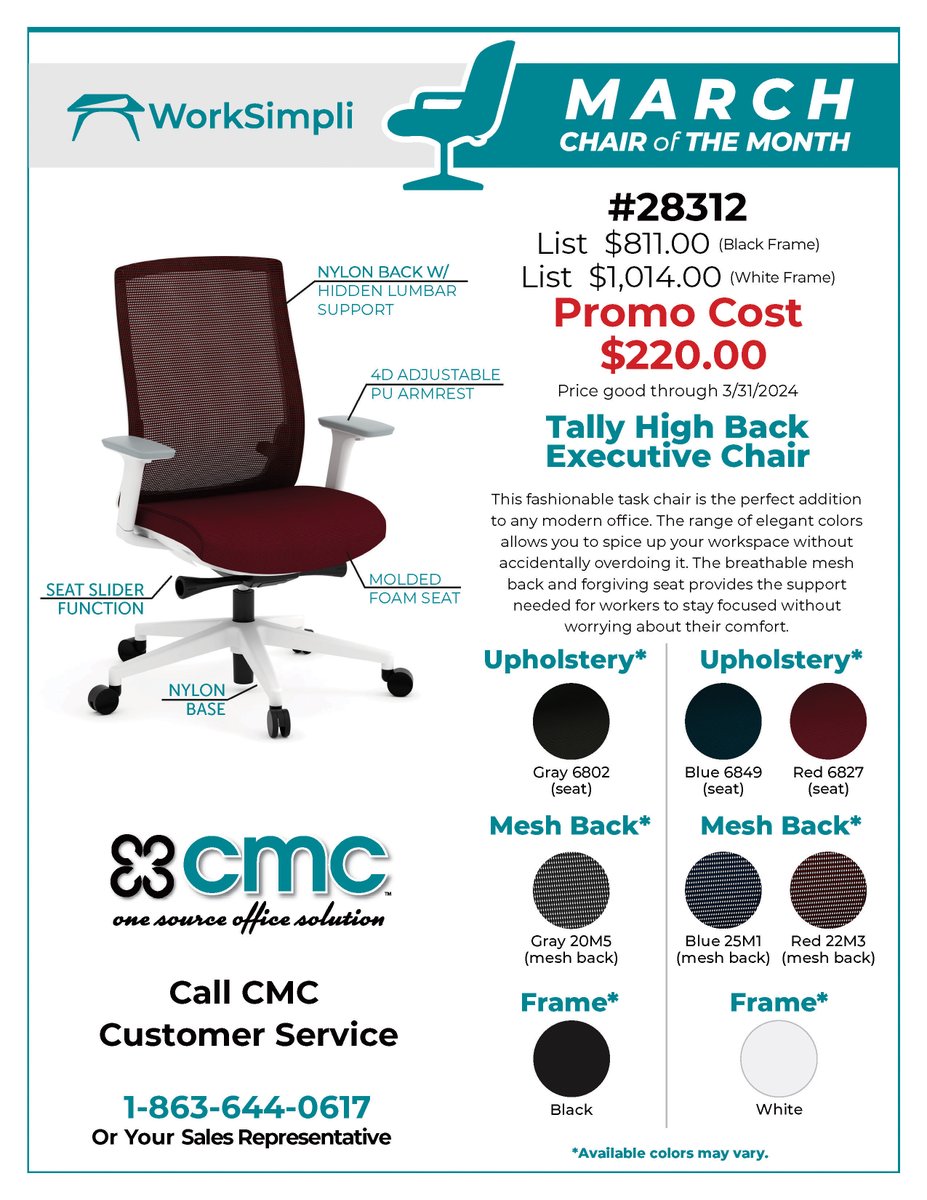 CMCdata's tweet image. WE ARE SO EXCITED TO BE PRESENTING THIS MONTHS, MARCH 2024, CHAIR OF THE MONTH! HURRY AND TAKE ADVANTAGE OF THIS AWESOME BUY! IT WON'T LAST LONG! GIVE US A CALL TODAY