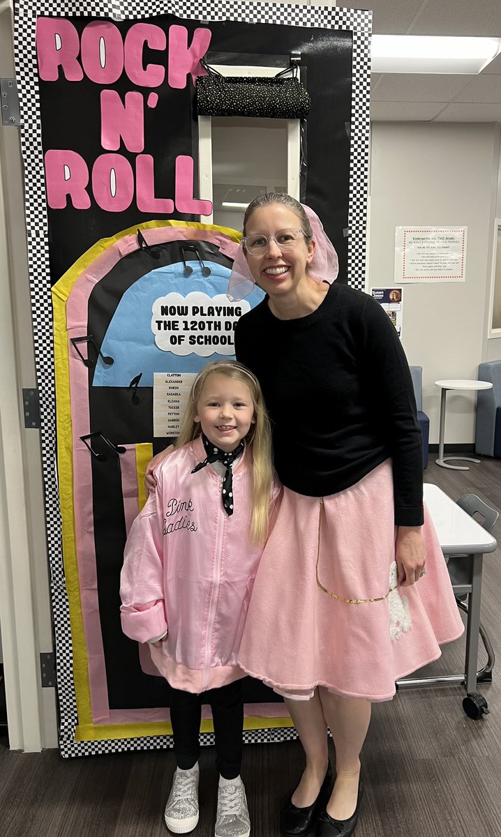 It’s 50s day in 1st grade at @BSE_Bobcats1 and this Pink Lady was ready to Rock N Roll with Mrs. Ritter 🩷