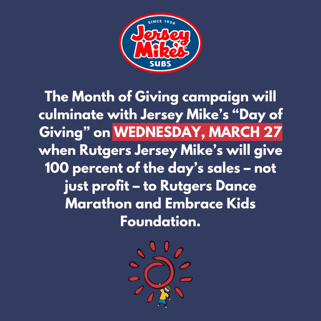 Make sure to eat at Jersey Mike’s at the Yard all month long and round up to support RUDM and <a href="/EmbraceKids/">EmbraceKids</a>