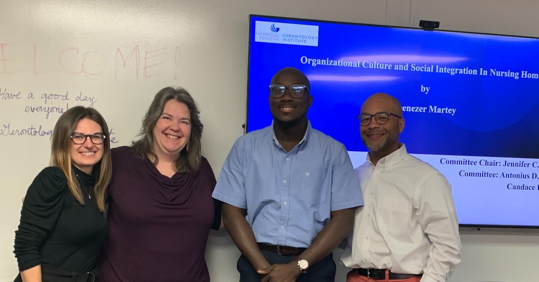 Ebenezer Martey successfully defended his master's thesis proposal that examines organizational culture and social isolation in nursing homes. Congratulations Ebenezer! We are so excited to see this project come to life.