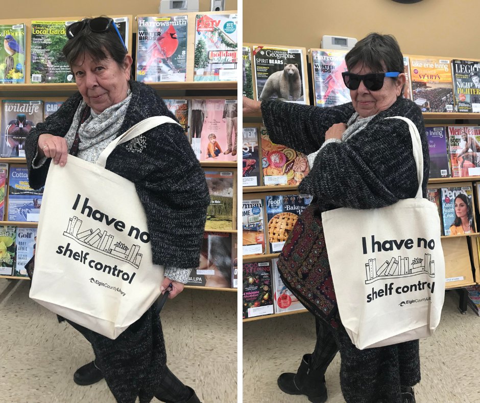 Elgin County Library has new tote bags for sale! Darlene from Port Stanley asked Library Staff "Does this bag make me look slimmer?" We think you look fantastic, Darlene!
ECL bags are available at all 10 of our branches for $5. Show your love for the library and buy one today!