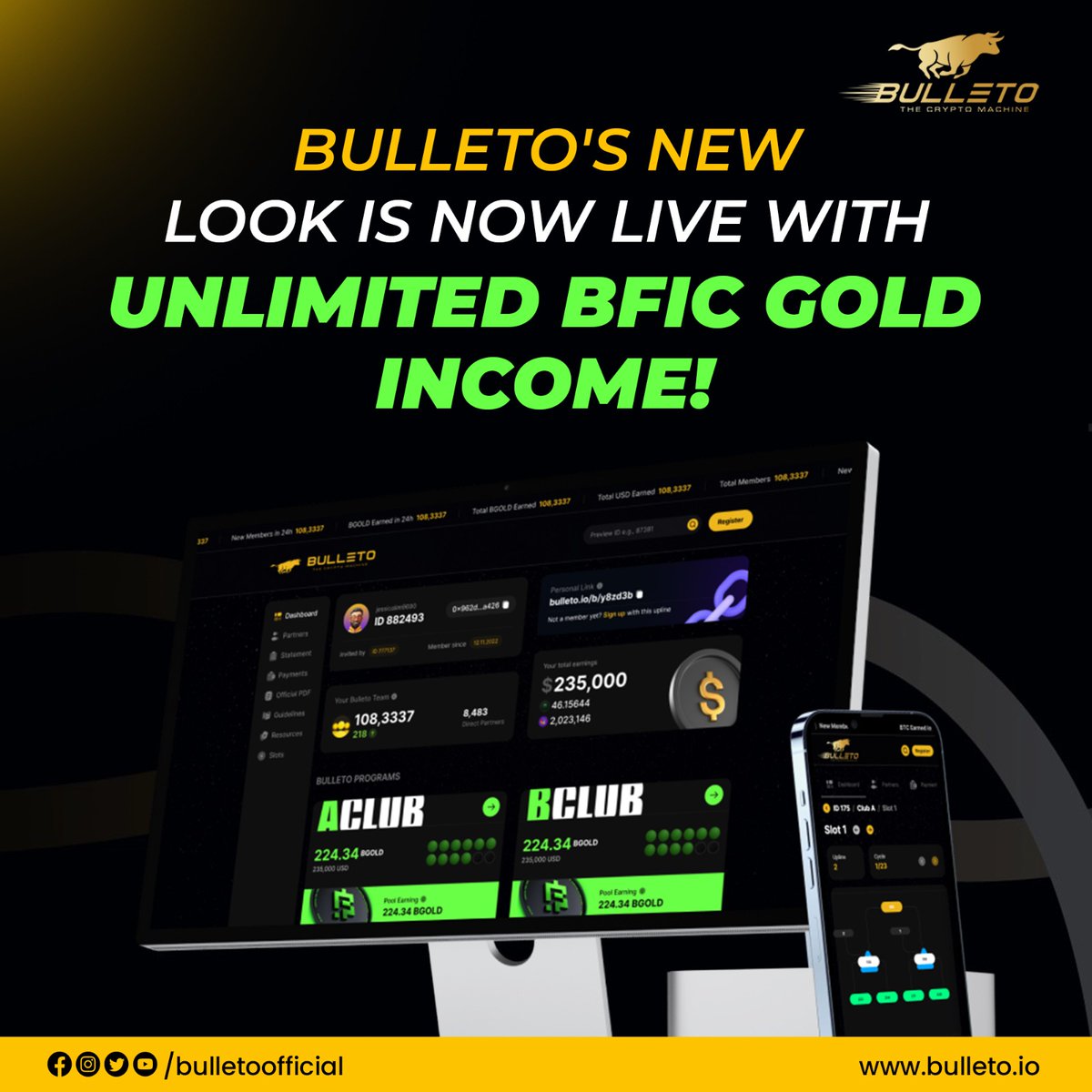 The wait is over!!
Bulleto is Now LIVE with limitless BFICGOLD Income! 🚀

#Bulleto #BulletoCommunity #BFICGold #BFICGoldincome #BFICCommunity #BFICGoldCommunity #TheCryptoMachine #NowLIVE #Changeyourlife #earnmoneyonline #EarnwithBulleto #free #Live