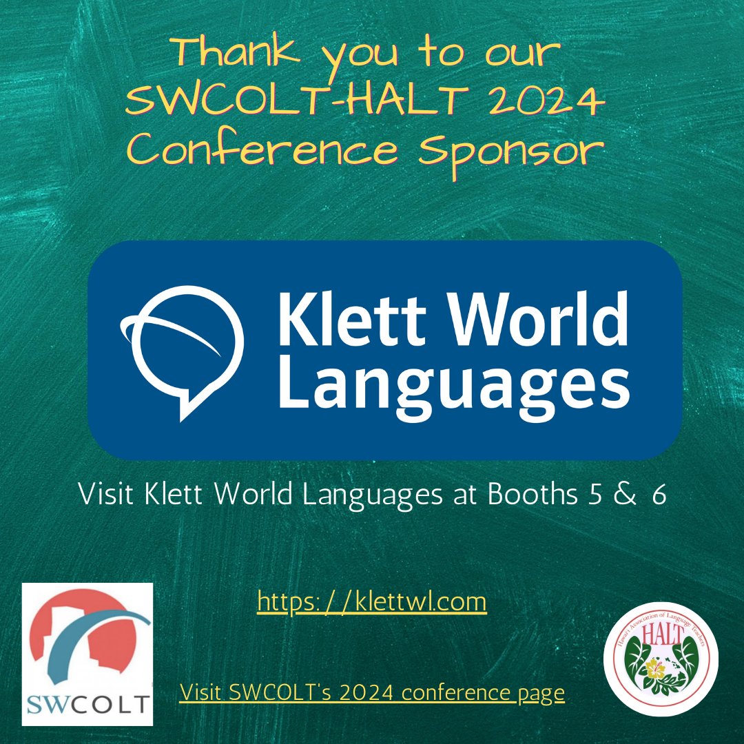 Thank you to Klett World Languages for your sponsorship of our incredible Plenary session featuring the anouncement of our SWCOLT 2024 Teacher of the Year and Dr. R. Keawe Lopes, who gave our keynote address. @KlettWL @HALThome @jraught @AATGOnline @actfl