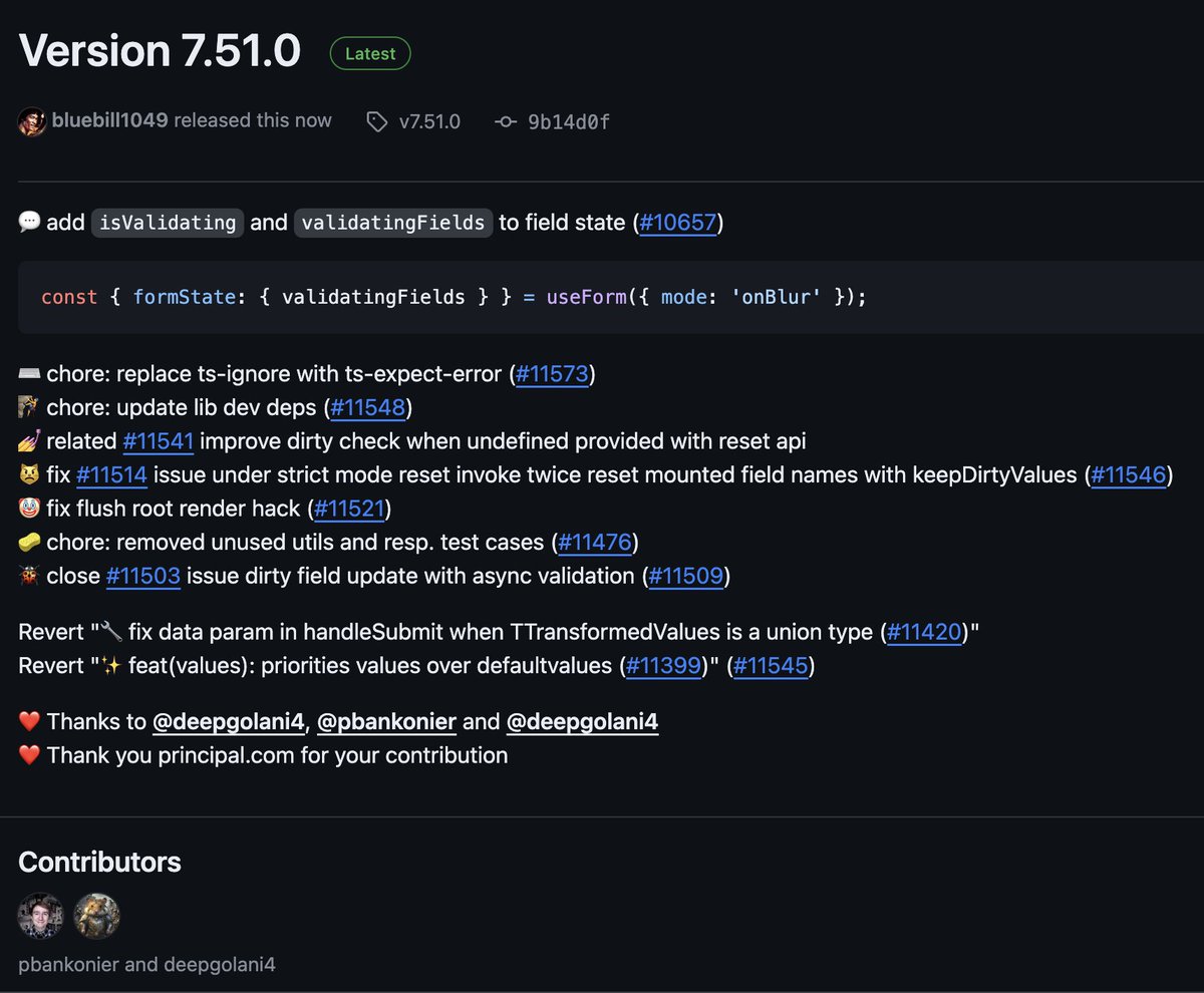 HookForm's tweet image. Version 7.51.0
- added `validatingFields` for async validation
- minor DX improvements
- bug fixes
Thank you @principal for supporting the project.
github.com/react-hook-for…