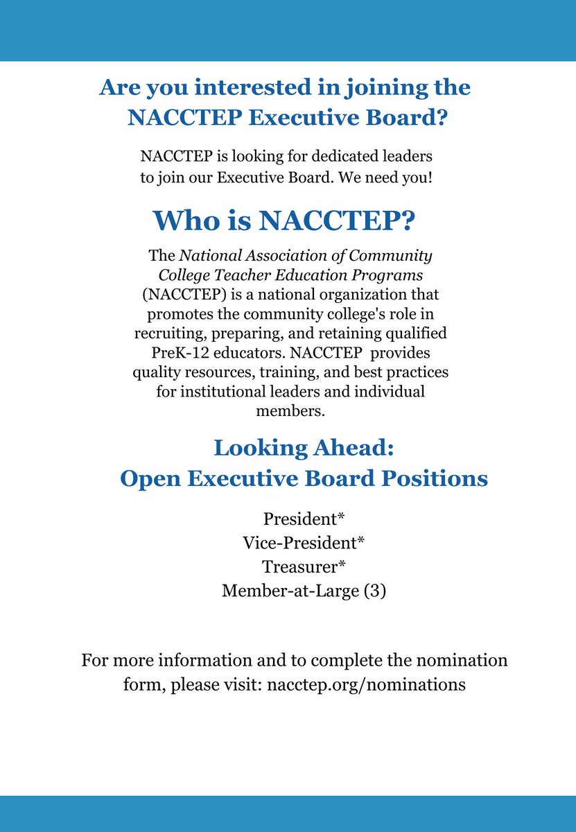 Have you considered joining our executive board? Nominations are open March 1st - May 4th, 2024 at nacctep.org/nominations