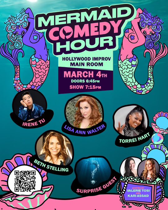 Monday baby!

<a href="/MermaidComedyHr/">Mermaid Comedy Hour at The Hollywood Improv 1/27!</a> is in the <a href="/HollywoodImprov/">Hollywood Improv</a> MAIN ROOM! 

<a href="/valerie_tosi/">Valerie Tosi</a> 
<a href="/LisaAnnWalter/">🌷Lisa</a> 
<a href="/Torrei_Hart/">Torrei Hart 👑</a> 
<a href="/BethStelling/">Beth Stelling</a> 
Irene Tu