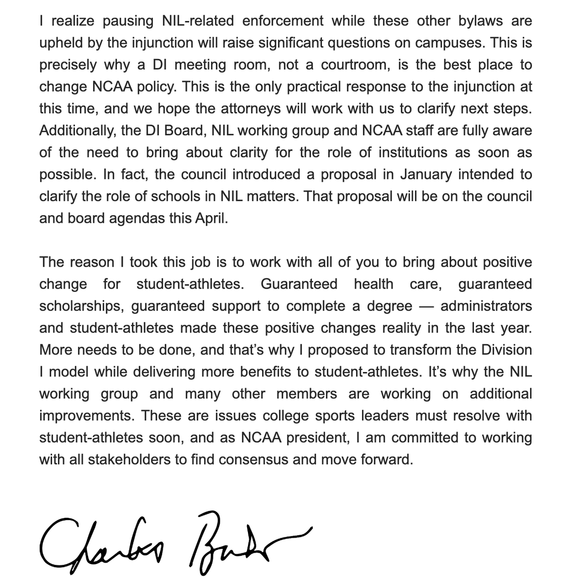 According to a letter from NCAA president Charlie Baker sent to member schools, the NCAA is pausing and not opening new investigations involving third-parties/collectives for NIL-related activities as a response to the TN-VA lawsuit. Here’s the letter obtained by @YahooSports.