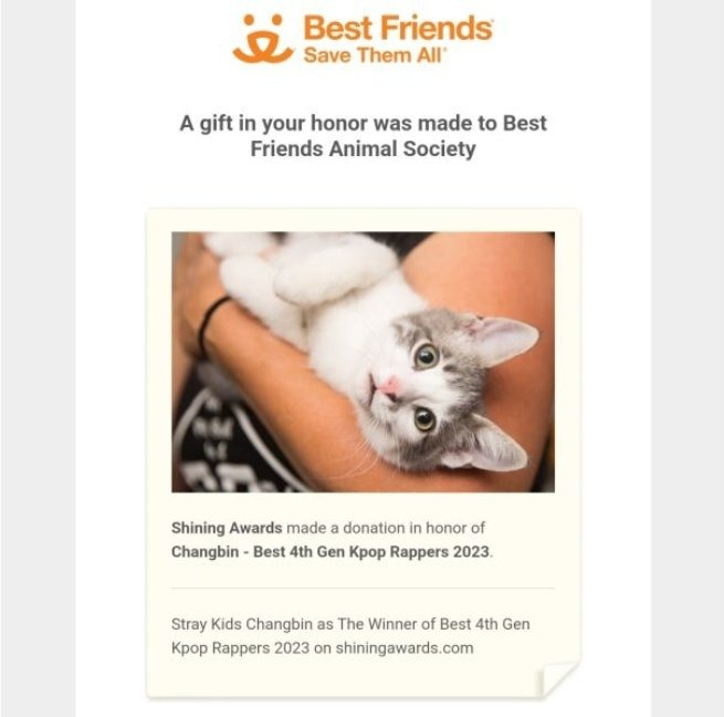 SKZBNesp's tweet image. 🏆| Changbin ganó en la categoría "Best 4th Gen Kpop Rappers 2023" de los Shining Awards con más de 15,7K votos.

En honor a #Changbin se ha hecho una donación a Best Friends Animal Society!!!

©ChangbinGlobal
— 🌀

#StrayKids @Stray_Kids #스트레이키즈 #スキズ