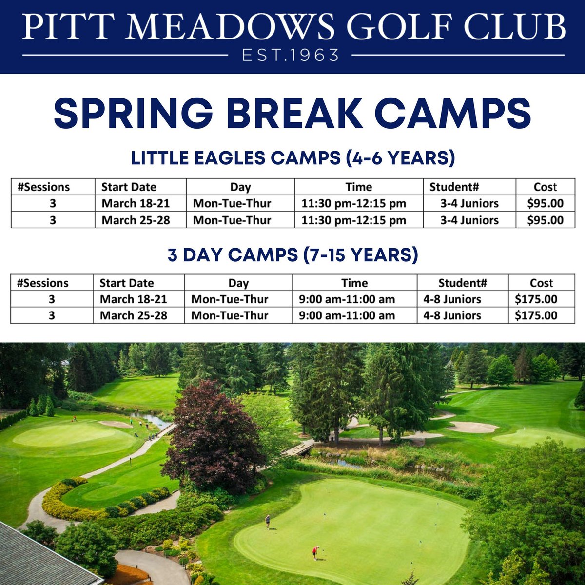 Spring Break is fast approaching and Pitt Meadows Golf Club is a great place for juniors to learn the game of golf. ⛳️ 
 
Phone our Golf Shop at (604) 465-4711 for more information about any golf lessons or to register for golf camps.