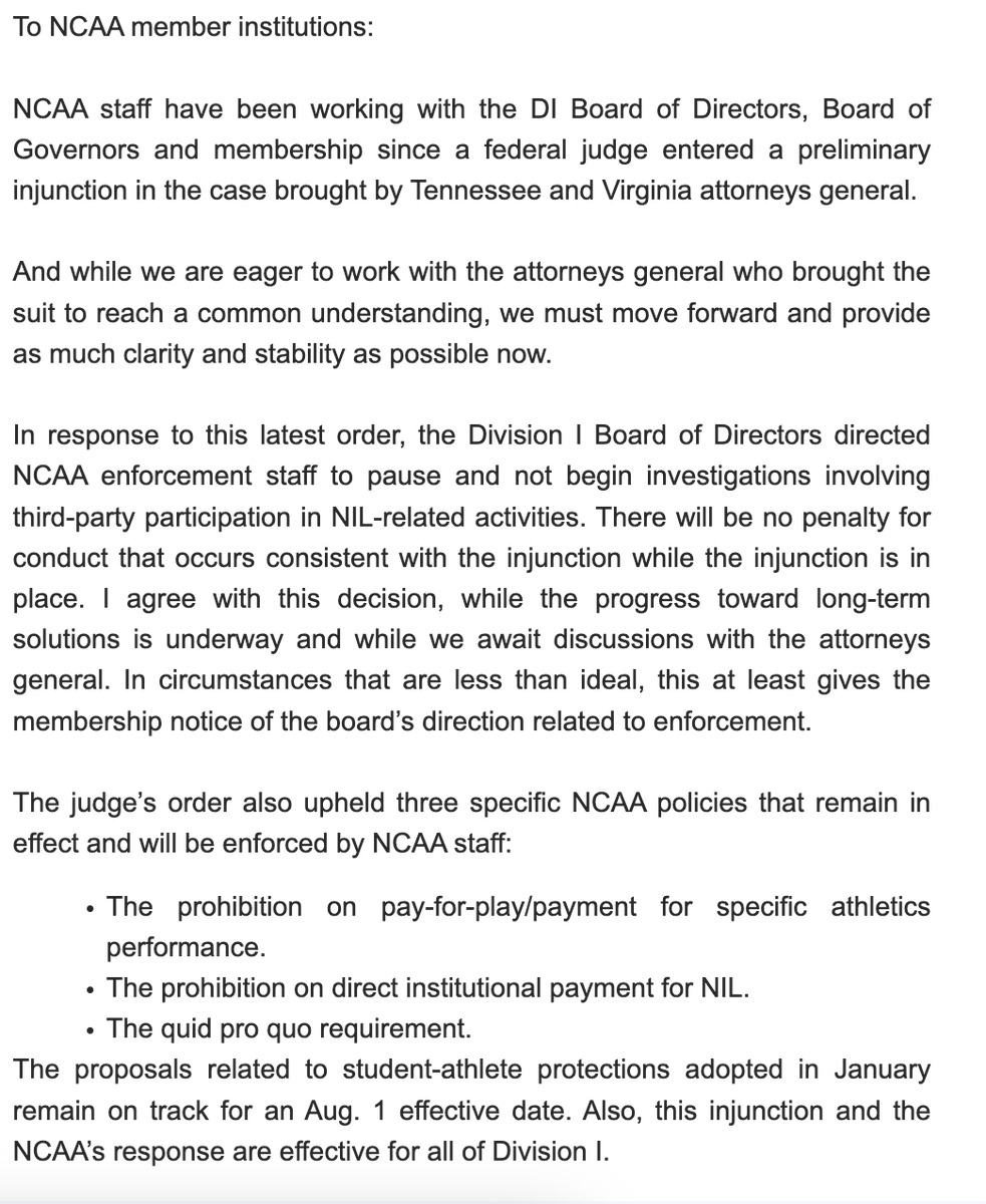 PeteNakos's tweet photo. In a letter obtained by @on3, Charlie Baker informed member schools on Friday that the NCAA is pausing all investigations involving collectives as a response to last week's preliminary injunction.
Read: https://t.co/ZZYR0uTc39 https://t.co/0ssMfMiK0o