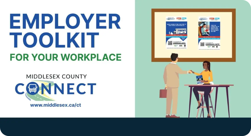 Middlesex County Connect introduces the Employer Toolkit! Empowering businesses to champion employee commuting options.

Toolkit includes:
· Informative brochure
· Engaging social media and posters
· Branded promotional items
· Complimentary fare passes

tinyurl.com/ycyxxm9u