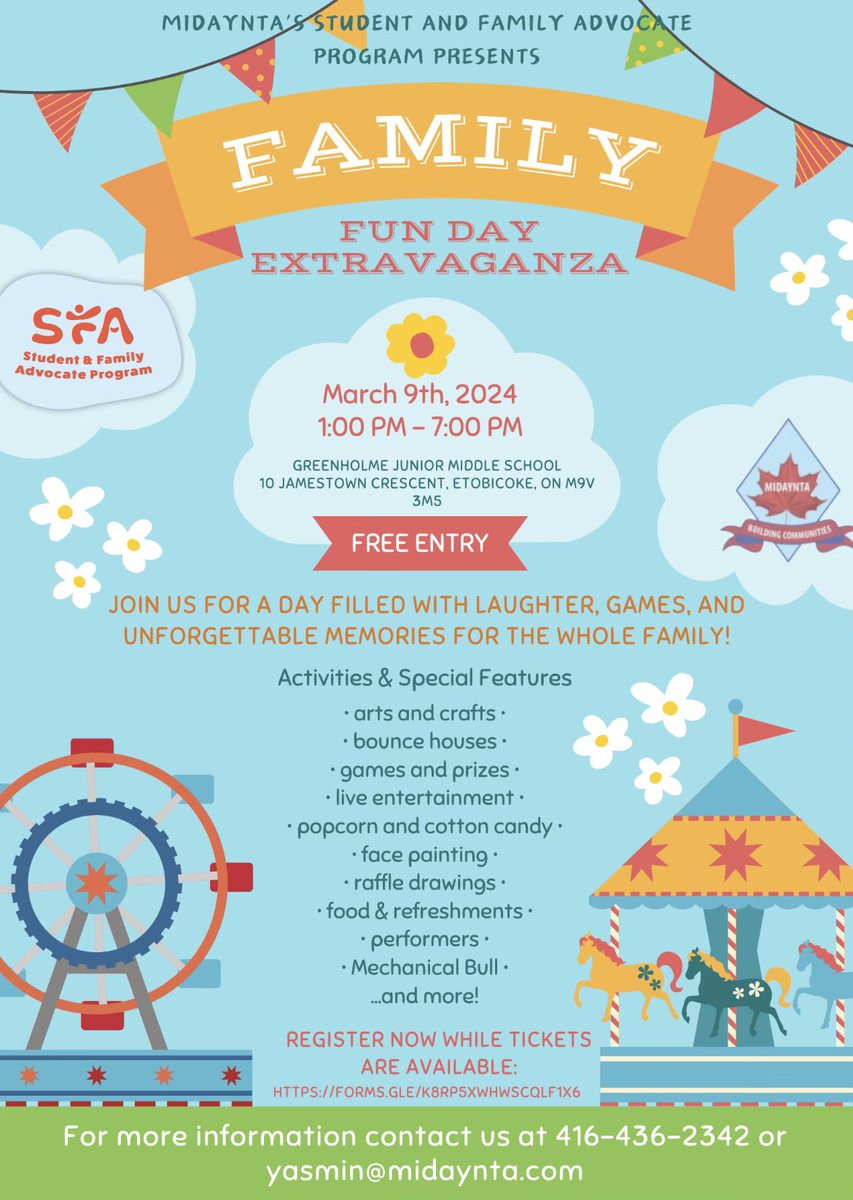 Check out this awesome event happening on March 9th, 2024! It's Midaynta's Student and Family Advocate Program's Family Fun Day Extravaganza at Greenholme Junior Middle School in Etobicoke.@MidayntaYouth it's free entry! You can register at this link👇 forms.gle/K8RP5xwHWsCqLf…