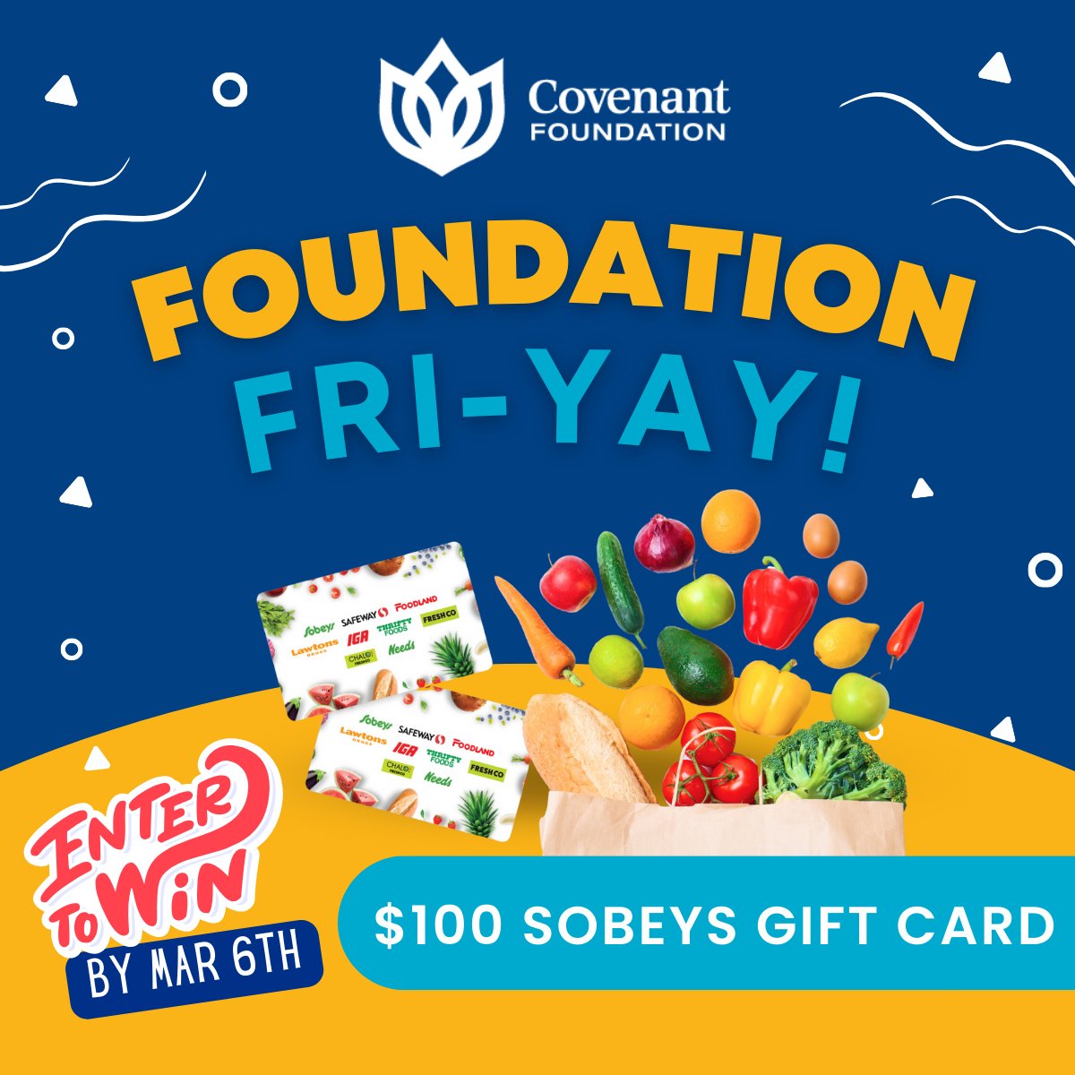 🌟 #FoundationFRIYAY GIVEAWAY Alert! 🚨 Win a $100 Sobeys Gift Card! Follow @covenantfoundation on Facebook and Instagram to enter! Contest ends Wed 12:30pm. Alberta residents, 18+. Details on our Facebook page! facebook.com/covfoundation