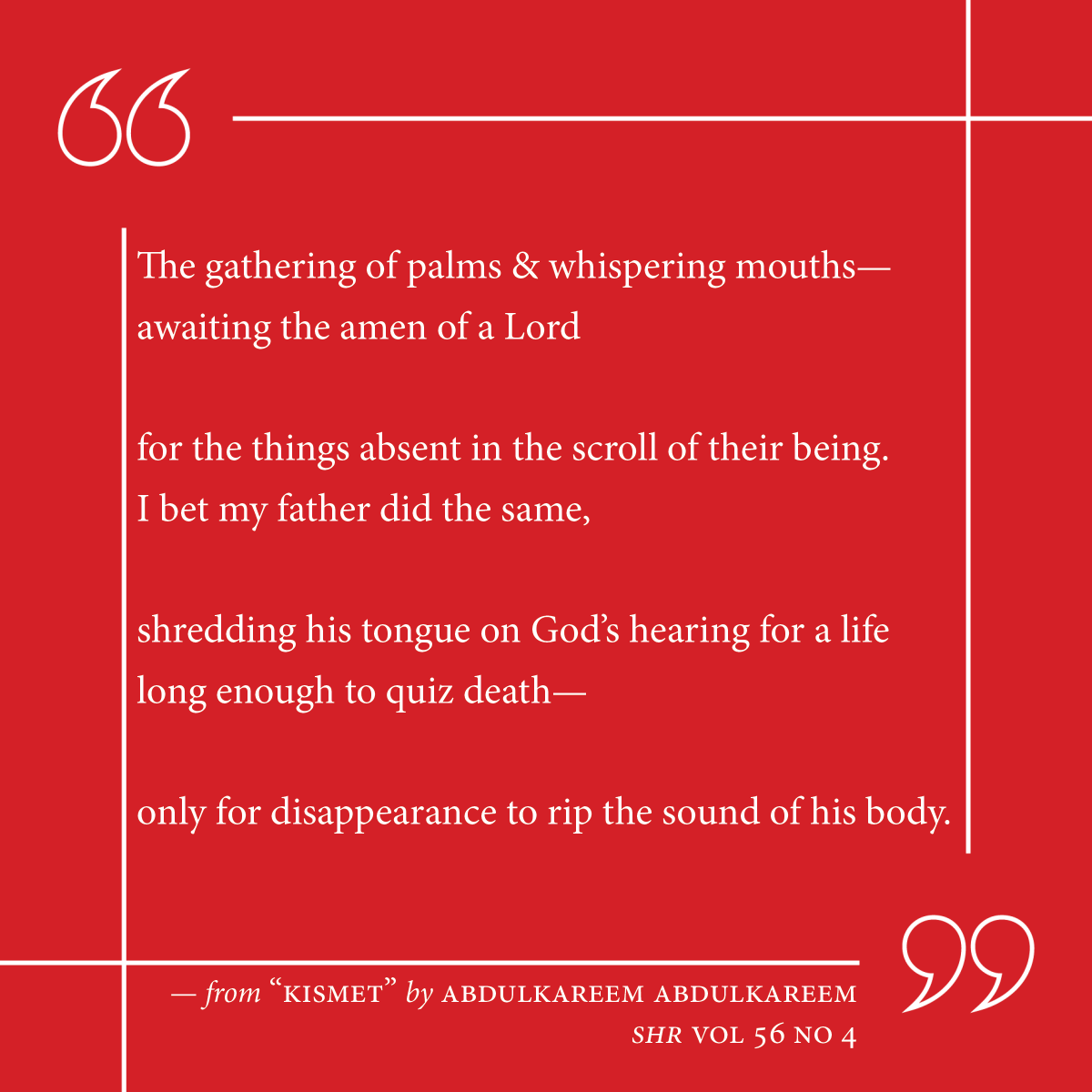 Quiz death in 'Kismet' by Abdulkareem Abdulkareem. Available to read in full on the SHR website: southernhumanitiesreview.com/564-kismet-by-… #litmag #poetry #WritingCommunity #poetrycommunity