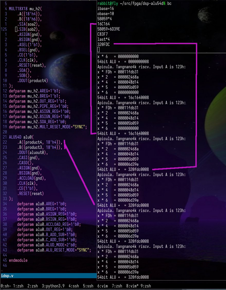 YLRabbit's tweet image. The ALU54D primitive from #dsp passed through #yosys - #nextpnr - #apicula earlier than planned. The picture shows the launch of a test example when an ALU is added to the end of a chain of five multipliers and adds the results of the 4th and 5th multipliers.#gowin#sipeed #riscv