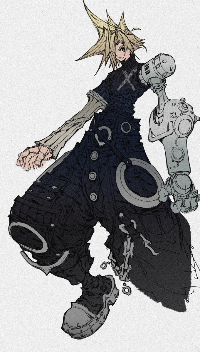 cloud strife 1boy solo male focus blonde hair spiked hair blue eyes mechanical arms  illustration images
