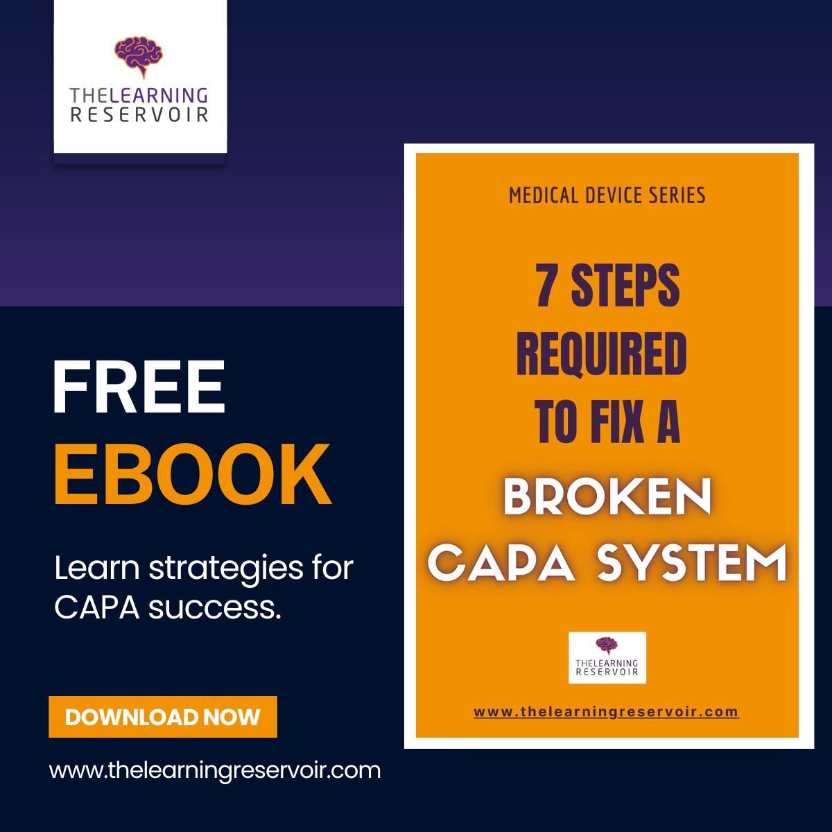 📘 FREE eBook: '𝟕 𝐒𝐭𝐞𝐩𝐬 𝐑𝐞𝐪𝐮𝐢𝐫𝐞𝐝 𝐭𝐨 𝐅𝐢𝐱 𝐚 𝐁𝐫𝐨𝐤𝐞𝐧 𝐂𝐀𝐏𝐀 𝐒𝐲𝐬𝐭𝐞𝐦.'

Download here: thelearningreservoir.com/introduction-t…

#MedicalDevices #QualityManagement #CAPA #FDACompliance #FreeEbook