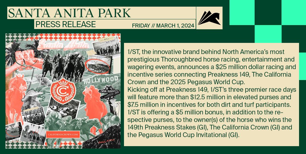 1/ST Announces $25 Million on the Line with Introduction of New Racing Series Linking Preakness 149, California Crown and 2025 Pegasus World Cup santaanita.com/news/1-st-anno… @1stbet @PegasusWorldCup @PreaknessStakes @GulfstreamPark @LaurelPark