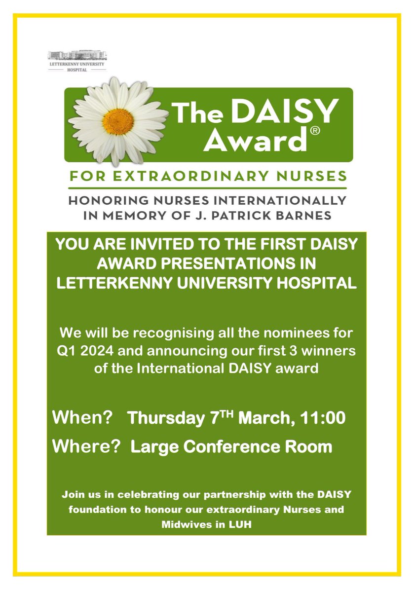 We are so excited to be hosting our first <a href="/DAISY4Nurses/">DAISY Foundation</a> awards in #LUH! Come along and celebrate our extraordinary Nurses and Midwives next Thursday. Keep nominating our wonderful Nurses &amp; Midwives for our next awards! daisynomination.org/4939