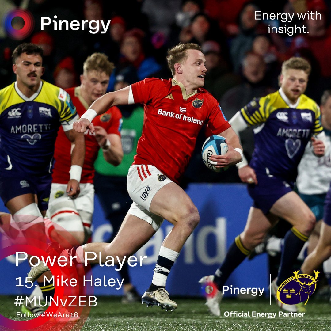 Mike Haley was the Pinergy Power Player in Munster’s bonus-point 45-29 victory over Zebre at Virgin Media Park.

Haley topped the stats for carries (17), making 159 metres with the ball and crossing for one try.

#MUNvZEB #SUAF🔴 #WeAre16 #PoweringTheDifference