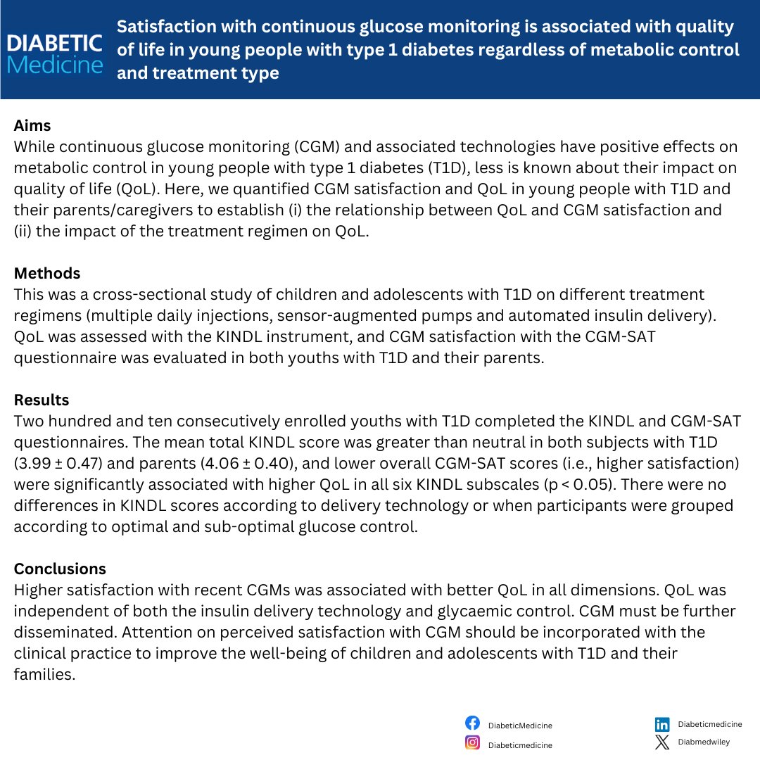 Satisfaction with continuous glucose monitoring is associated with quality of life in young people with type 1 diabetes regardless of metabolic control and treatment type by Roberto Franceschi et al. 🔗doi.org/10.1111/dme.15… #t1diabetes #t1d #diabetes #cgm #diabetestech
