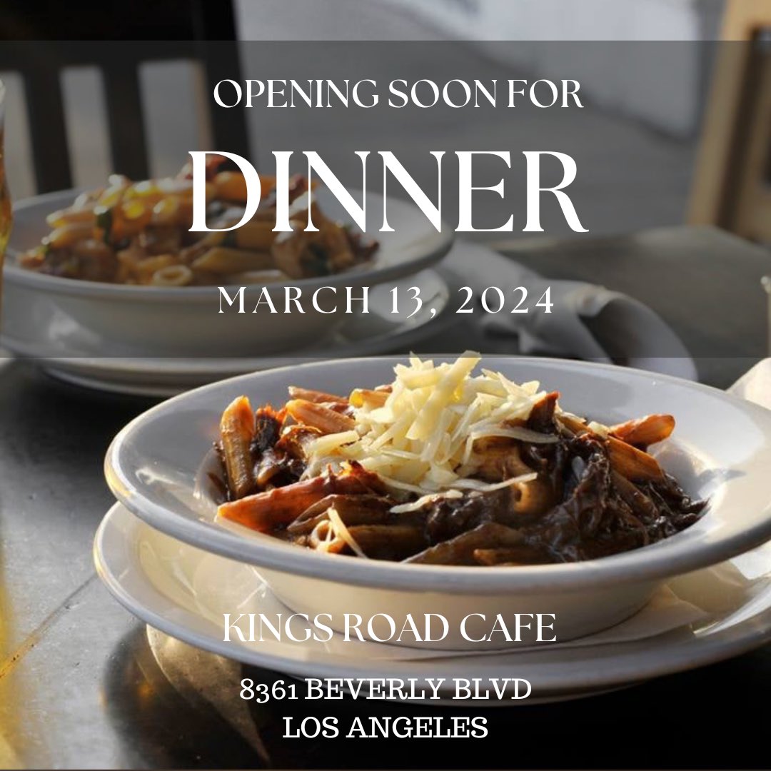 We are excited to announce that Kings Road Cafe will be reopening for dinner services on Wednesday, March 13th. Stay tuned for more details 🍽️ #kingsroadcafe #kingsroadcafedinner #dinner #restaurants #losangelesfood #losangelesdining #casualdining