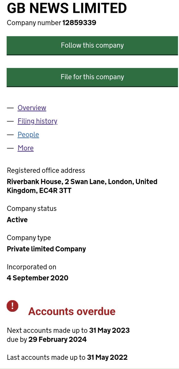 GB News ltd are overdue filing their accounts. They lost nearly £37m in their last published accounts, so these are likely to be significantly worse. It will be interesting to see how the 'going concern' requirement is met