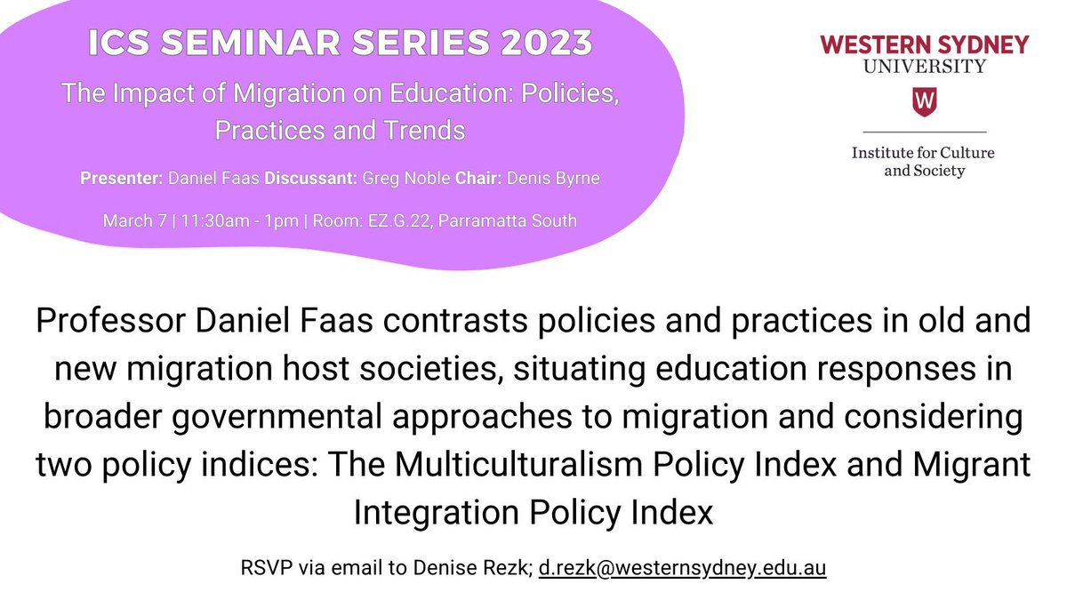 Delighted to kick off the Semester 1 Research Seminar Series at @westsyduics @westernsydneyu this coming Thursday March 7 at 11:30am on Parra South in EZ.G.22. “The Impact of Migration on Education: Policies, Practices and Trends”. For full details: bit.ly/2yV1mqW