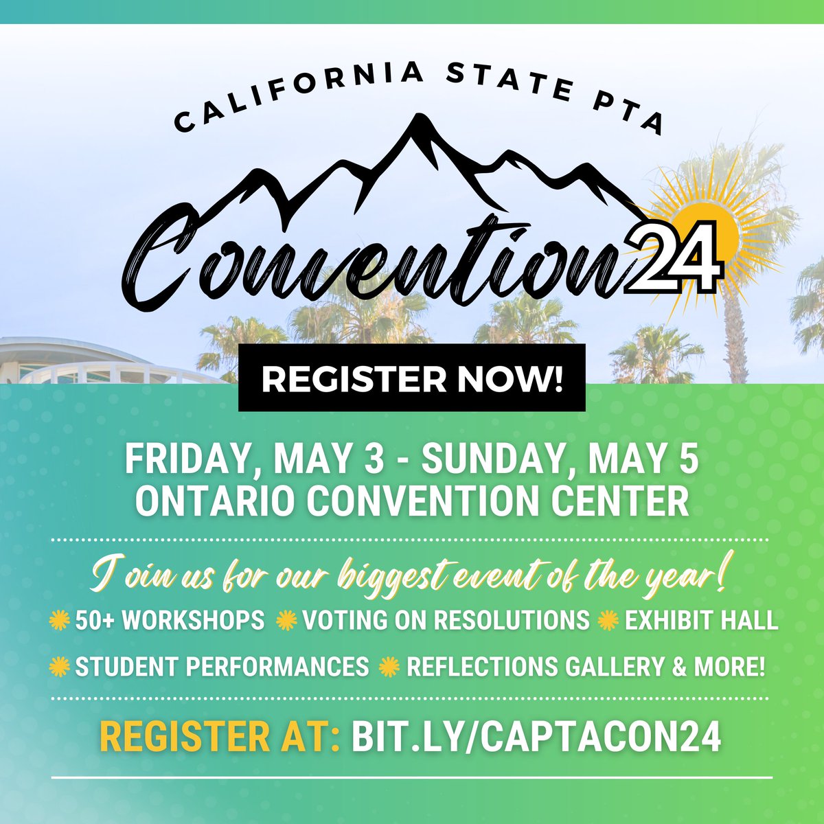 🚨 REGISTRATION IS OPEN 🚨 Join us in Ontario, CA from May 3rd - May 5th for California State PTA’s Annual Convention! Full-time passes, one-day passes, and additional add-ons are now available. 🌟 Visit 🔗 bit.ly/CAPTACON24 to REGISTER NOW! See you in Ontario! 🎉