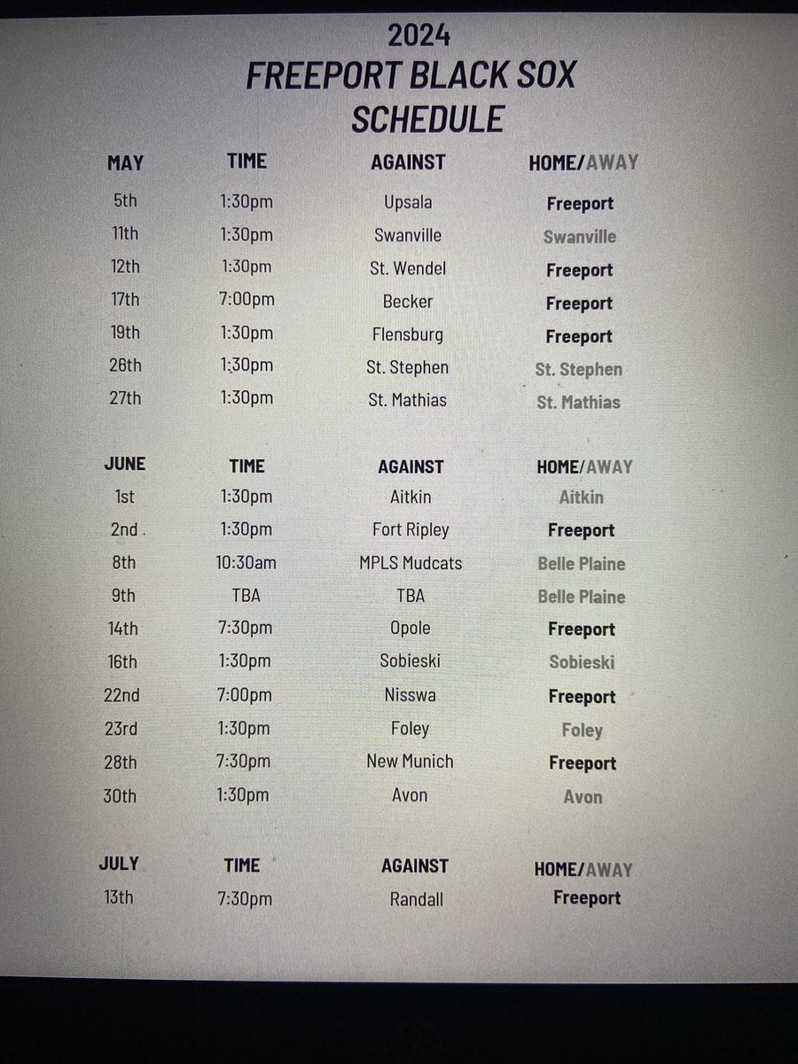 2024 Freeport Black Sox Schedule!! Can’t come soon enough!

#GoSox