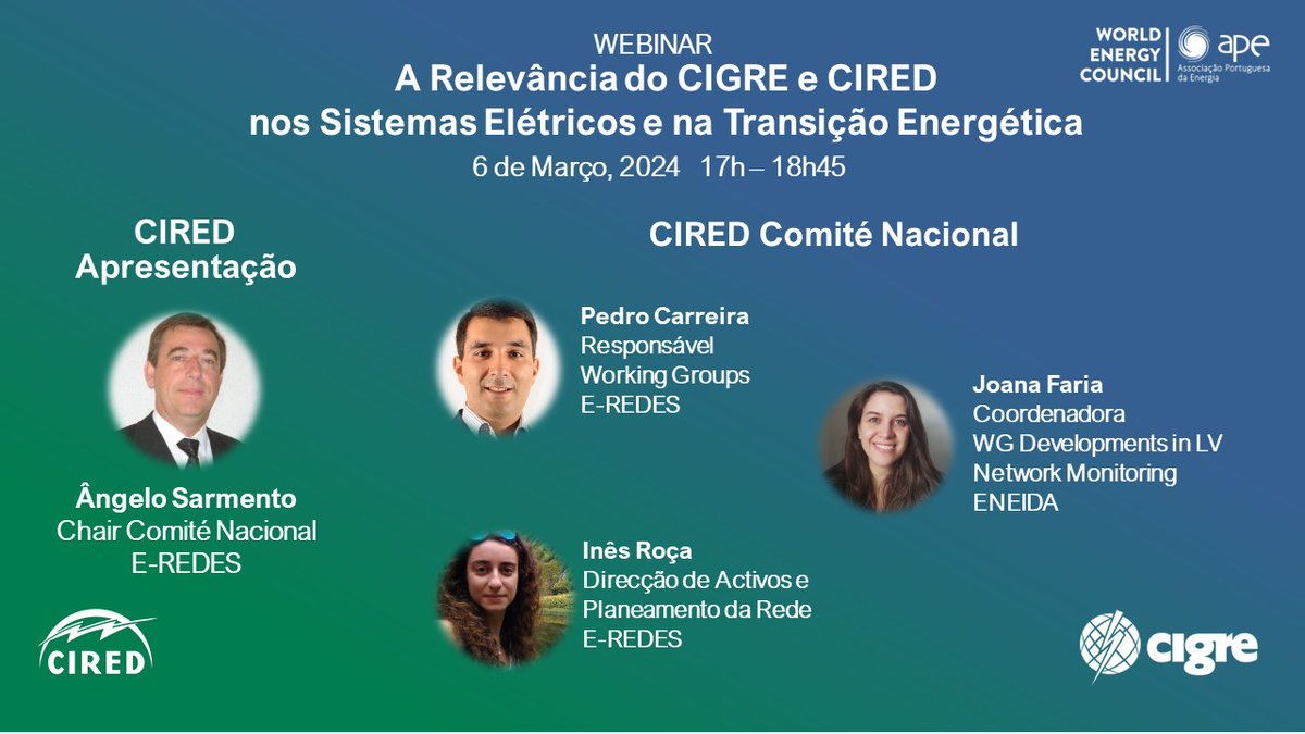Ângelo Sarmento, Presidente do Comité Nacional, apresentará o CIRED e a visão mais detalhada ficará a cargo de Pedro Carreira, Inês Roça e Joana Faria.

Inscrição 👉 lnkd.in/dHkRMHXW
Programa PDF 👉 lnkd.in/d7WrMeSs

 #EREDES Eneida.io <a href="/FEL_PT/">Future Energy Leaders Portugal</a>