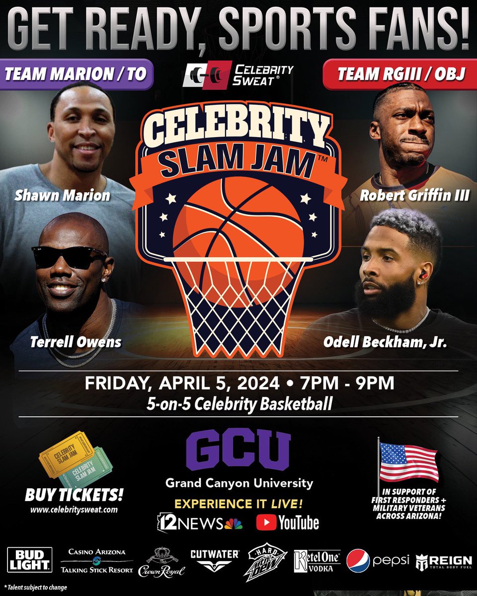 CELEBRITY SLAM JAM is heading to @gcu during Men’s College Basketball Championship Weekend!! Friday, April 5 from 7-9pm — visit website for ROSTERS AND TICKETS: celebritysweat.com/celebrity-slam… #final4 #phx #celebritybasketball #gcu
