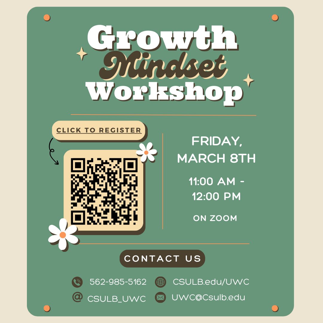 CSULB_UWC's tweet image. 🚨 Take a deep breath! Remember, everyone has the opportunity to grow as a writer!
 
Join us this Friday, March 8th, on Zoom from 11:00 am - 12:00 pm for our Growth Mindset Workshop 🧠

🔗 csulb.qualtrics.com/jfe/form/SV_9o… Link in bio
 
#CSULB #UWC #Writing #GrowthMindset #MentalHealth