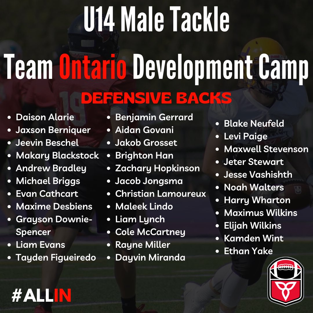 We are excited to reveal the defensive players that have been invited to our 2024 U14 Male Tackle Development Camps!

Congratulations to all of the athletes who have received an invite! 

Stay tuned for more Team Ontario announcements! 

#ALLIN
#WeAreFootballOntario