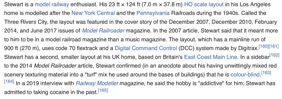 Rod Stewart’s Wikipedia page has an extremely detailed paragraph describing his model railway layout, with quite a twist at the end.
