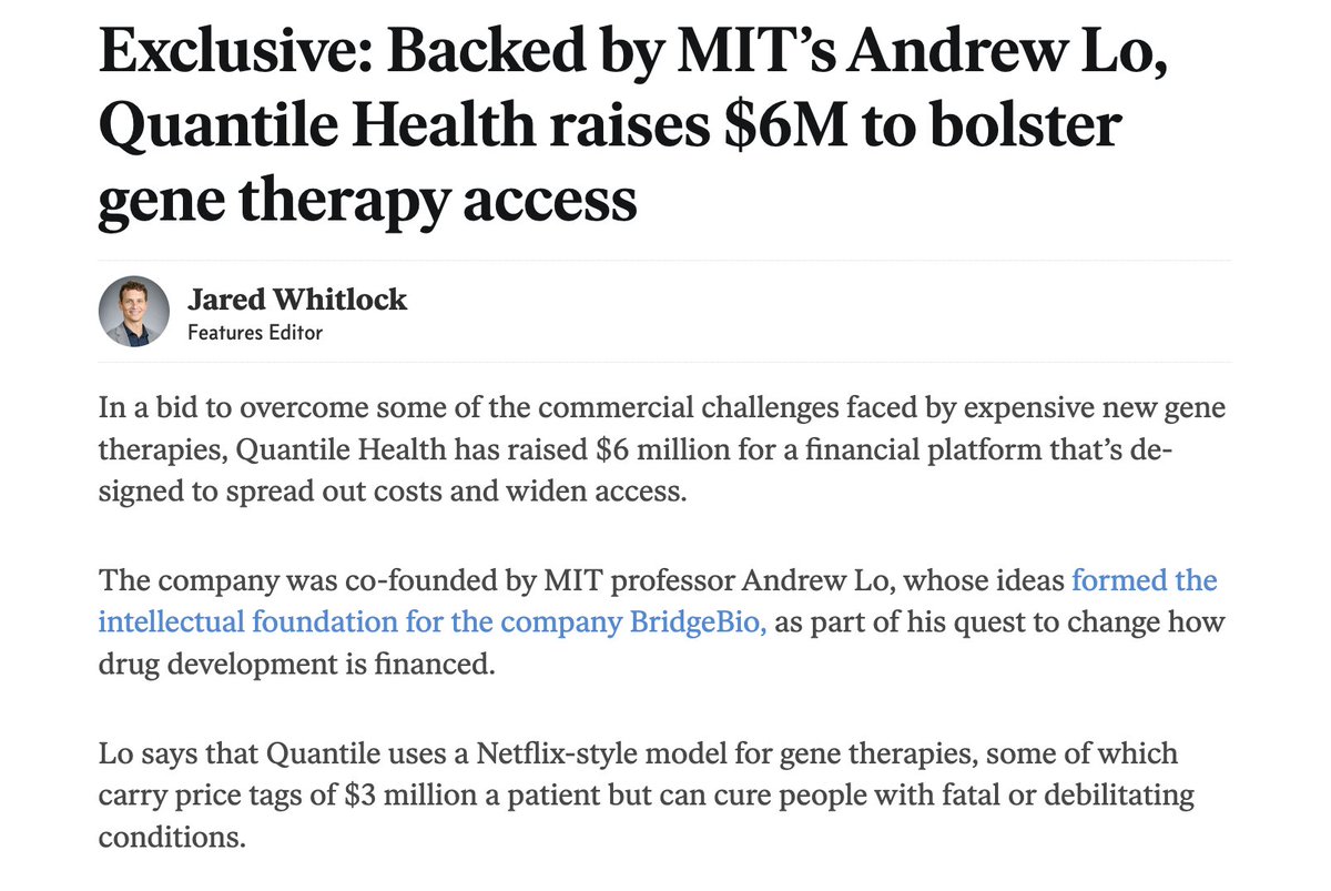 I gravitate toward founders who are taking a big swing at an innovative new model. That's why I'm so proud to be an early supporter of Yutong Sun, @AndrewWLo, and the entire Quantile Health crew as they pioneer subscription-based access to gene therapies. The first wave of gene