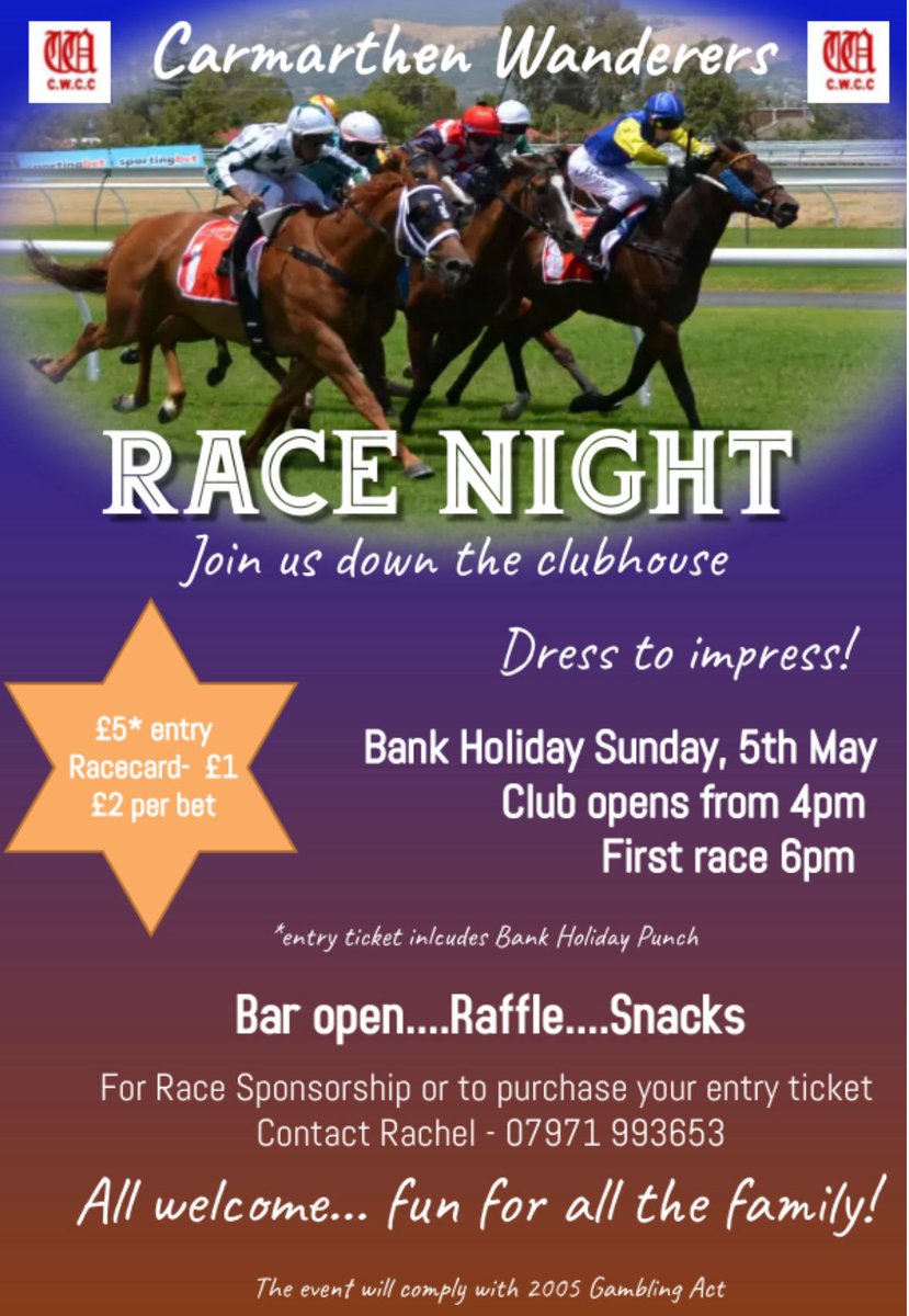 SAVE THE DATE 🏏📆🏇 We are hoping that you can join us for our next fundraising event. Please contact Rachel to book your ticket. We are also looking for sponsors for each race - if you know of any local businesses who would be interested, please let us know.